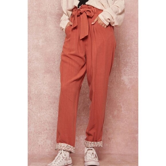 Promesa Womens Growing Wild Floral Cuff Belted Paperbag Pants Size Small Linen - Picture 2 of 10